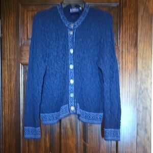 Susan Fosse Of Norway Bryggen Dark Blue Cardigan with Patterned Trim